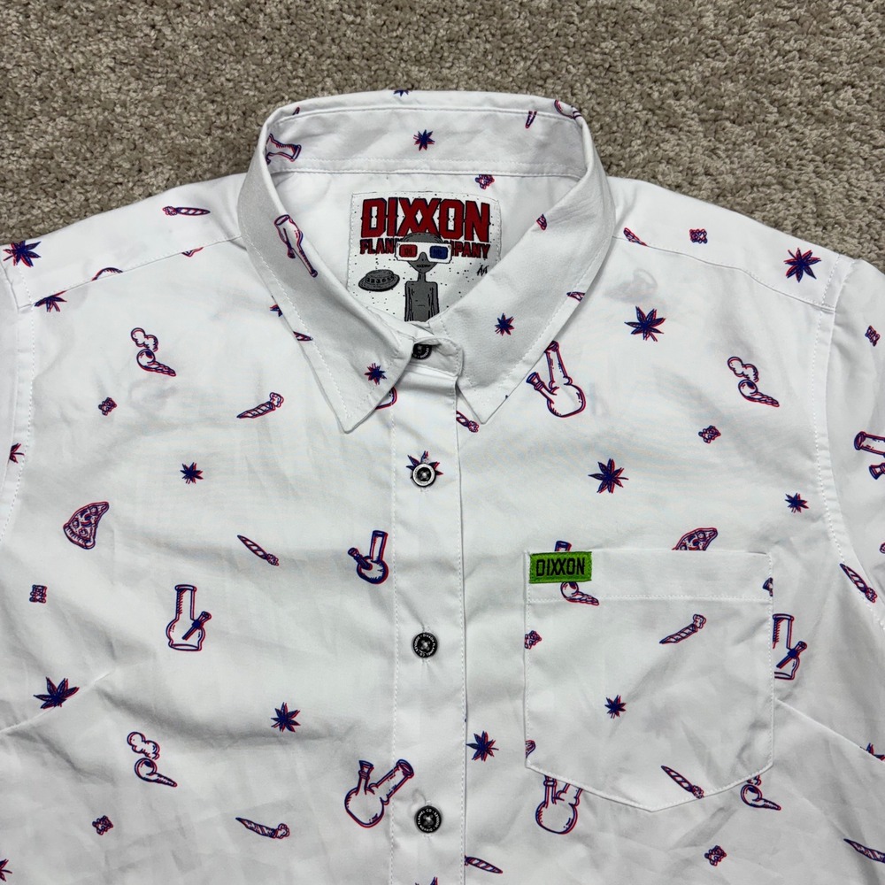Dixxon Flannel Doodles Women Medium 420 Bong Pizza Print Short Sleeve Shirt Weed